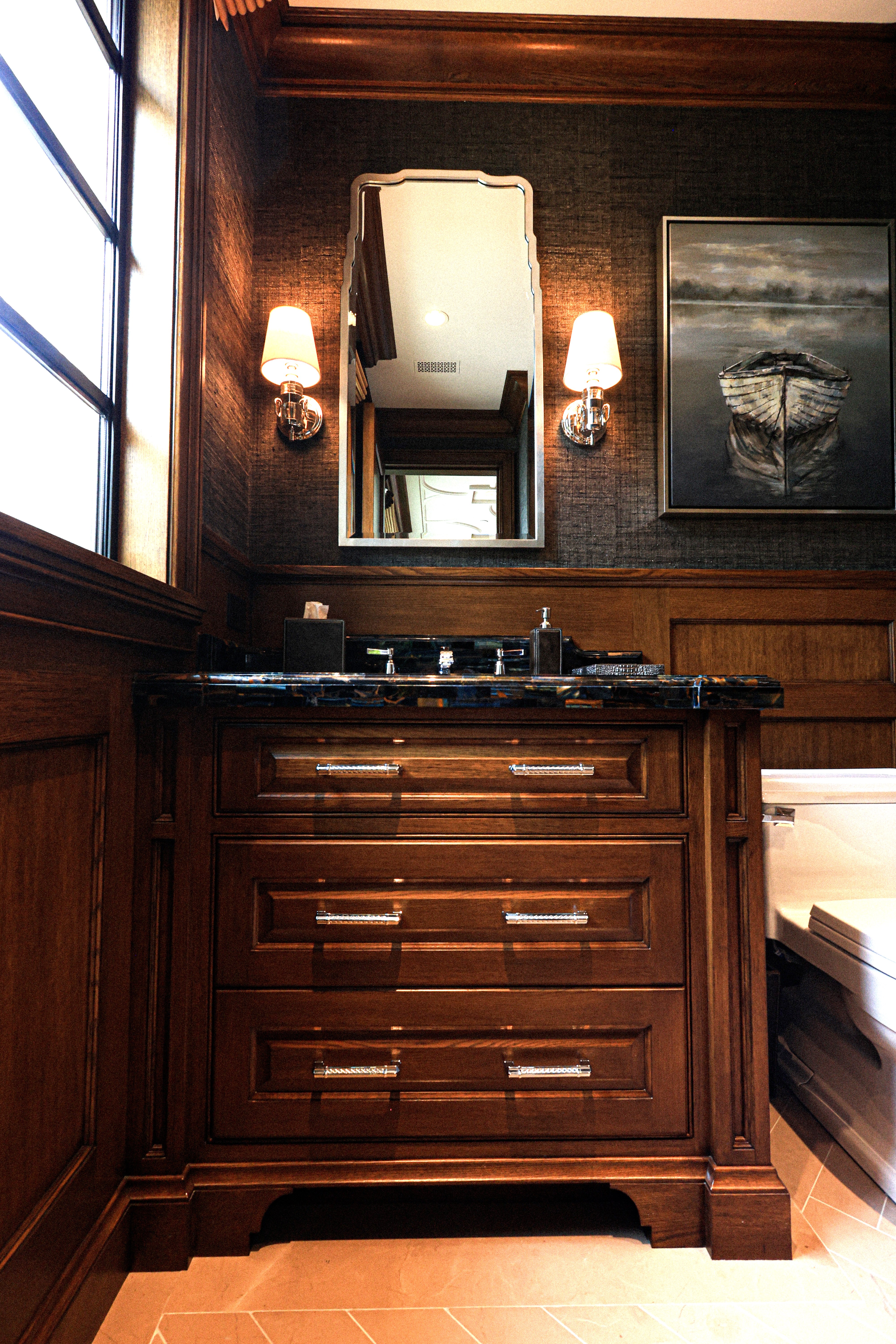 Custom dark walnut powder room vanity Harbor Isle