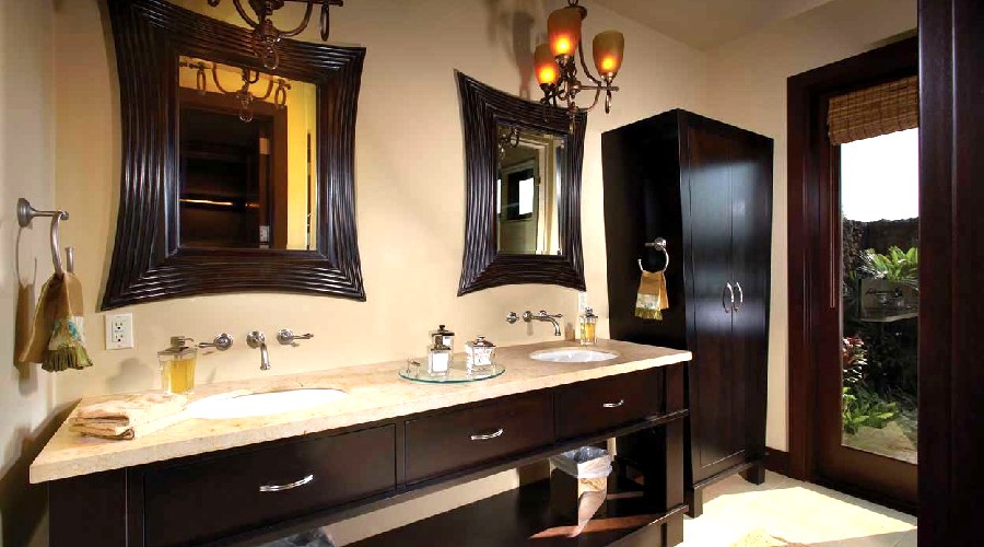 Custom dark mahogany double sink bathroom vanity Hawaii estate