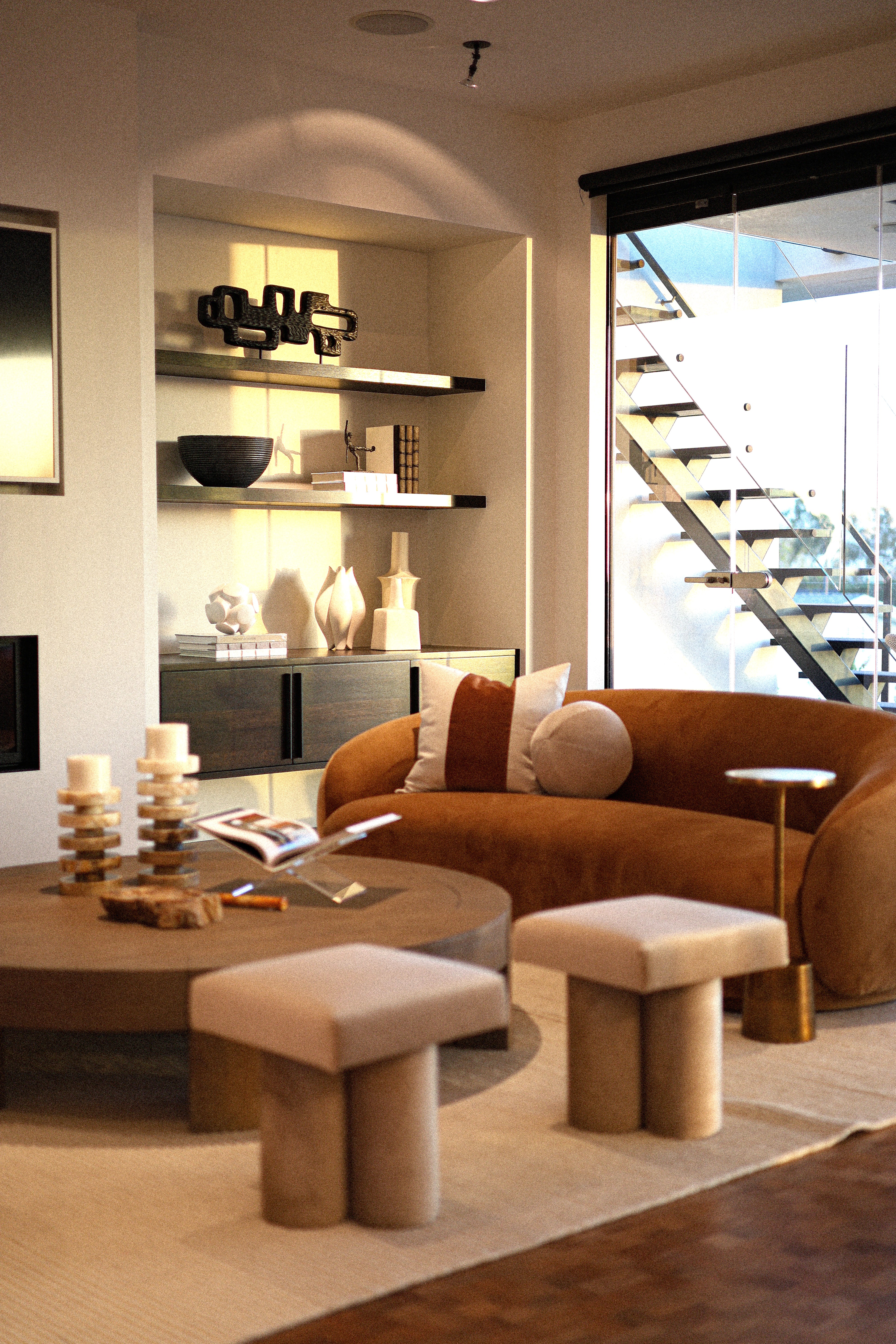 Custom lit built-in shelving niche living room Orange County