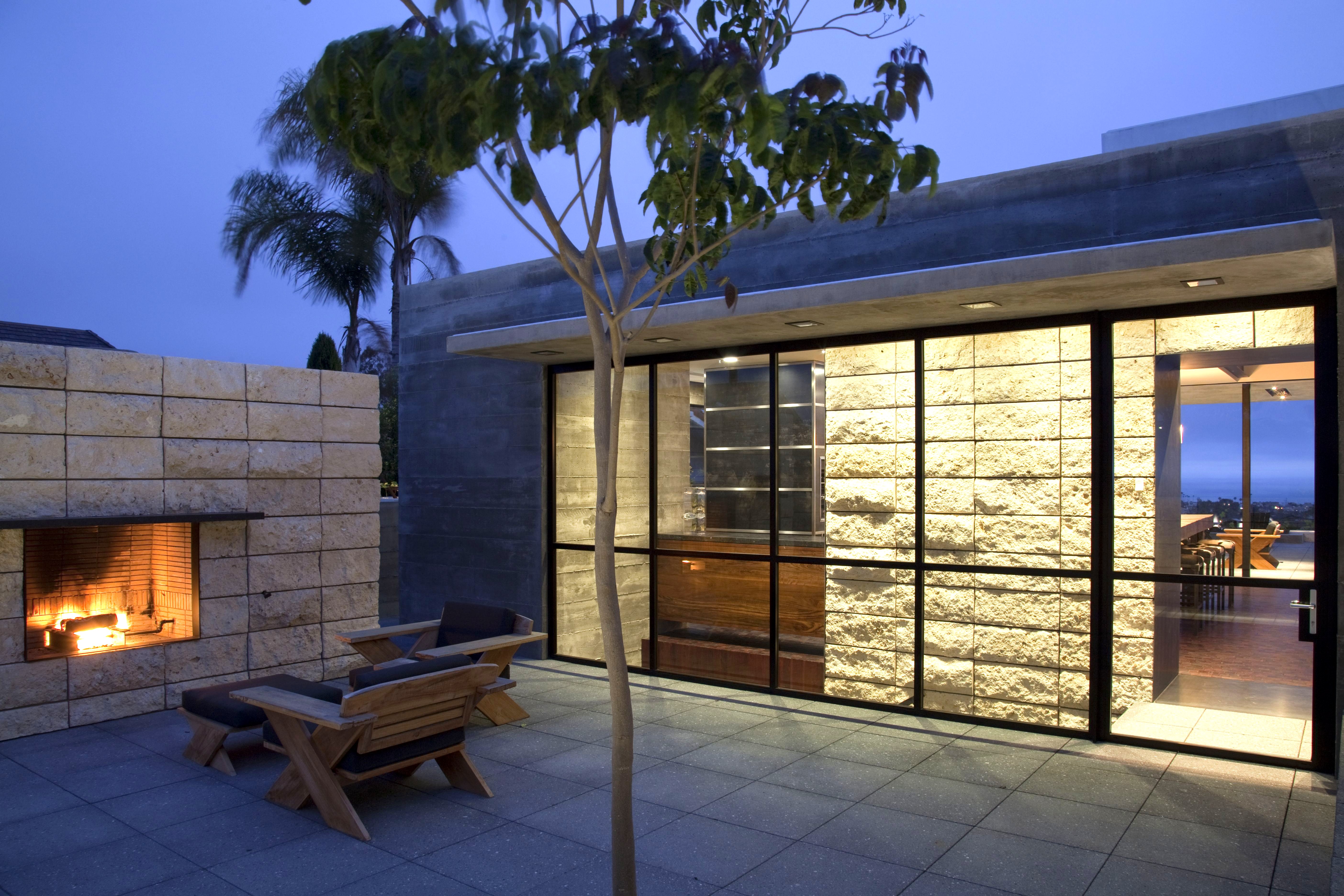 Newport Beach patio stone fireplace outdoor furniture